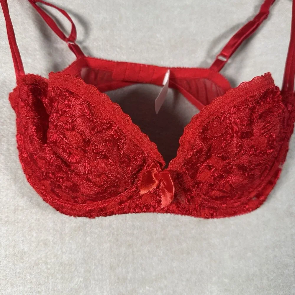 Vintage Victoria’s Secret Red Lace Bra GOLD Label Rare Double Strap 34B READ DES